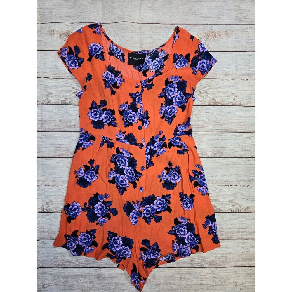 Minkpink‎  Coral and purple Floral Print Short Sleeve Playsuit Romper size XS